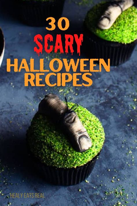 Cupcakes with green frosting and edible creepy decorations, set against a dark background with the text "Scary Halloween Recipes." Scary Halloween Recipes, Halloween Potluck Ideas, Scary Desserts, Creepy Halloween Desserts, Grain Free Bread Recipe, Real Posts, Homemade Halloween Treats, Simple Centerpieces Diy, Scary Halloween Food