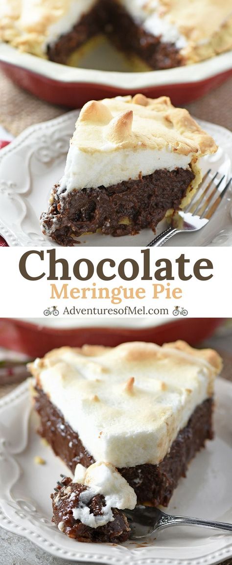 Chocolate Meringue Pie with a rich, creamy filling and fluffy homemade meringue. Delicious dessert recipe perfect for your inner chocolate lover! #chocolate #pie #desserts Quick Thanksgiving Desserts, Homemade Meringue, Chocolate Meringue Pie, Breakfast Boards, Pie Fillings, Meringue Pie Recipes, Chocolate Meringue, Fried Pies, Thanksgiving Desserts Easy