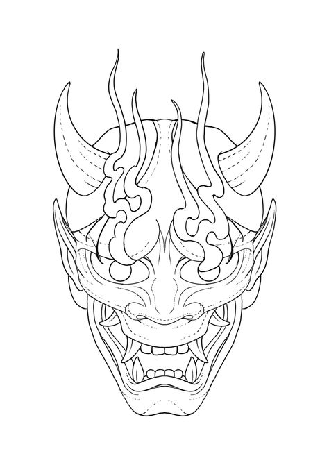 Oni Mask Tattoo Stencil, Oni Mask Stencil, Oni Mask Outline, Easy Tattoo Stencils For Beginners, Japanese Tattoo Outline, Japanese Mask Drawing, Hannya Mask Drawing, Hannya Mask Art, Simple Japanese Tattoo