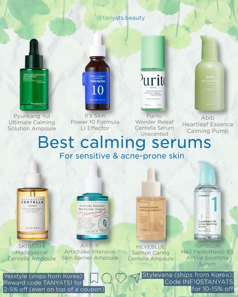 🍃 Best calming serums for sensitive & acne-prone skin: ▫️ Pyunkang Yul Ultimate Calming Solution Ampoule — A powerful calming blend of various herbal extracts. I highly recommend this serum, along with the cream from this line, for those with oily and combination acne-prone skin. ▫️ It’s Skin Power 10 Formula LI Effector — My favorite serum to reduce redness. The star ingredient here is licorice extract. ▫️ Purito Wonder Releaf Centella Serum Unscented — They recently upgraded the formula,... Best Serums For Acne Prone Skin, Redness Skincare, Centella Serum, Combination Skin Care Routine, Sensitive Acne Prone Skin, Dry Oily Skin, Pyunkang Yul, Best Serum, Acne Serum