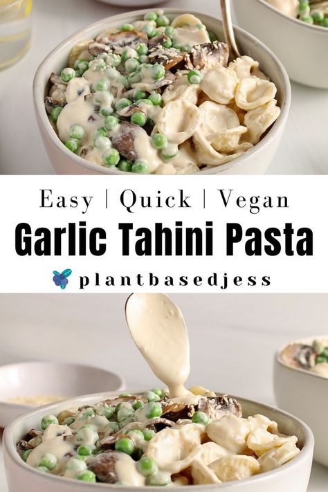 Close up on a bowl of creamy tahini pasta sauce over short pasta and topped with peas. Recipes For Liver Health, Sauce For Bowls, Lemon Tahini Pasta, Tahini Pasta Sauce, Edamame Pasta, Recipes With Coconut Cream, Tahini Pasta, Weeknight Pasta, Edible Ideas