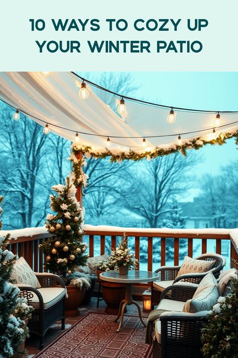 Transform your winter patio into a warm and inviting space with our top 10 cozy ideas! Embrace the cold nights with fun outdoor movie nights under twinkling lights and cozy blankets. From adding windbreaks to creating a fire pit setting, there are so many ways to make the most of your patio during winter. Consider setting up comfortable seating with thick cushions or even adding a hot drink station to give your outdoor gatherings that extra flair. Your winter evenings have never been so inviting and enjoyable! Cozy Winter Porch Ideas, Winter Backyard Ideas Cold Weather, Winter Patio Decorating Ideas, Winter Terrace Ideas, Patio Winter Decor, Bonfire Party Ideas Backyard Winter, Winter Deck Ideas, Winter Patio Decor, Winter Patio Ideas Cold Weather