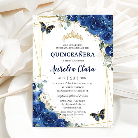 Butterfly Invitations quinceaand#241;era royal blue floral butterflies birthday invitation quinceañera 15th birthday invitation elegant girly quinceanera invite mexican spanish latina dark brown brunette fair skin mis quince 15 anos template gold glitter princess tiara crown royal blue floral greenery butterfly butterflies pretty roses flowers modern geometric rectangle chic sweet 16 sixteen 18th birthday Quinceañera Royal Blue, Invitations Quinceanera, Quinceañera Invitation, Lollipop Party, Butterfly Invitations, Girl Birthday Party Invitations, Invitation Elegant, Sweet 16 Invitations, Butterfly Birthday