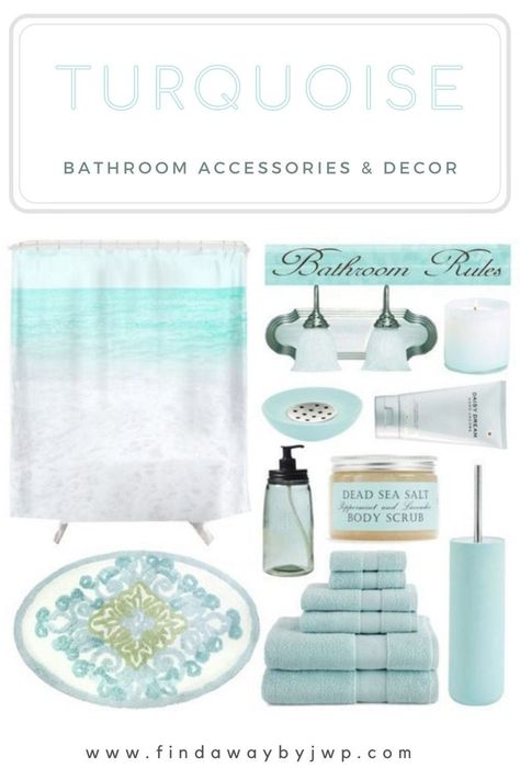 Turquoise bathroom accessories and decor Blue Bathroom Accents, Tiffany Blue Bathrooms, Turquoise Bathroom Decor, Turquoise Bathroom Accessories, Teal Bathroom Accessories, Teal Bathroom Ideas, Teal Bathroom Decor, Peach Bathroom, Turquoise Bathroom