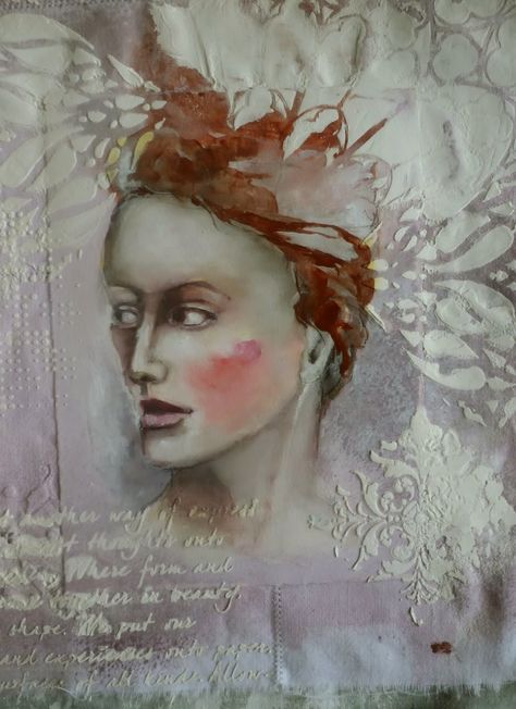 Redhead Artwork, Expressive Portraits, Kate Thompson, Mixed Media Faces, Class Inspiration, Mixed Media Portrait, Paint Inspiration, Fabric Collage, Background Ideas