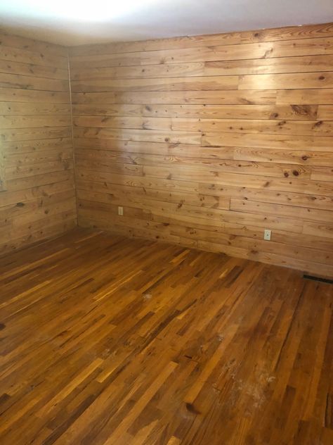 Cabin Addition Ideas, Renovating House, Cabin Addition, Knotty Pine Walls, Interior Cabin, Oak Hardwood Floors, Panel Walls, Bedroom Transformation, Breezeway Ideas