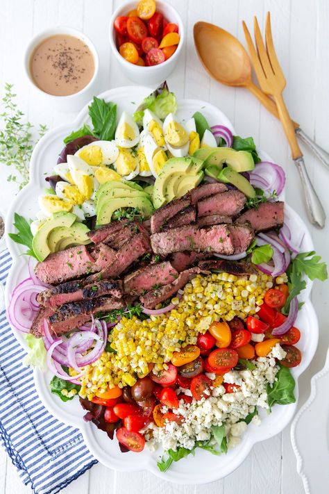 Grilled Steak Cobb Salad Steak Cobb Salad Recipe, Cobb Salad For A Crowd, Steak Salads For Dinner, Steak Salad Recipes For Dinner, Steak Cobb Salad, Steak Salads, Dinner Party Salad, Cobb Salad Ingredients, Beautiful Salads