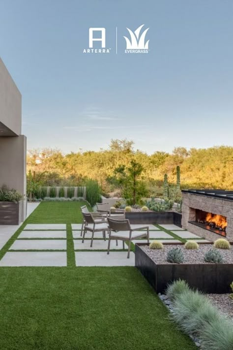 Artificial Turf Backyard, Arizona Backyard Landscaping, Turf Backyard, Backyard Patio Ideas, Low Maintenance Backyard, Arizona Backyard, Pavers Backyard, Modern Backyard Landscaping, Home On A Budget