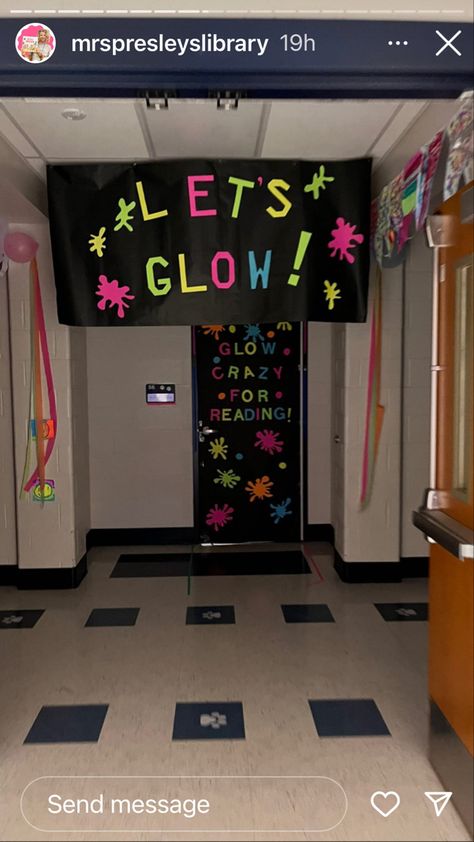 Neon Door Decorations Classroom, Campus Decoration Ideas, Bookfair Themes, Book Fair Themes, School Event Themes, Literacy Night Themes, Cheer Themes, Dark Classroom, Family Literacy Night Activities