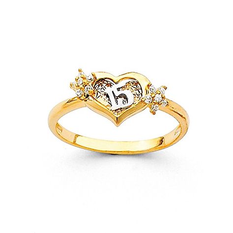 14K Yellow Solid Gold 15 Years Quinceanera Birthday Cubic Zirconia CZ Heart Ring Quinceanera Jewelry, Flowers Love, Gold Anniversary, Rings Jewelry Fashion, Right Hand Rings, Heart Shaped Rings, Engagement Ring Sizes, Heart Shaped Diamond, Gold Heart