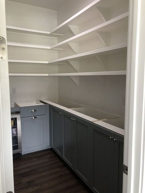 Party Pantry Remodel | Hometalk Pantry Garbage Can, Pantry Trash Can Ideas, Trash Can In Pantry, Pantry Before And After, Narrow Walk In Pantry Ideas Layout, Narrow Walk In Pantry, L Shaped Pantry, Big Pantry, Party Pantry