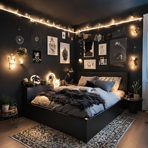 Dark Neon Bedroom Aesthetic, Black Ceiling In Bedroom, Bedroom Ideas Dark Aesthetic, Room Ideas With Black Bed Frame, Simple Goth Bedroom, Room Ideas Black Furniture Bedroom, Small Bedroom Black, Dark Teen Bedroom, Dark Room Ideas Bedrooms