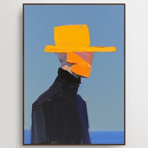 "The Silent Watcher" is a bold abstract portrait. A faceless figure in a dark coat and vibrant orange hat stares out from a blue canvas. Thick brushstrokes and impasto texture create a dynamic contrast. The enigmatic subject invites contemplation, making this piece a captivating addition to contemporary spaces. #walldecor #walldesign #wallart #wallartdecor #wallartdesign #wallartideas #wallartdecoration #texturedpainting #texturedart #texturedesign #painting #paintingart #paintingideas #wabis... Abstract Art Orange And Blue, Rectangle Painting Ideas, Abstract Colourful Art, Acrylic Painting Ideas On Canvas Aesthetic, Diy Canvas Art Painting Abstract, Abstract Painting Ideas On Canvas, Blue Texture Wall, Male Portrait Painting, Contemporary Portrait Painting