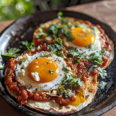 🌞 Start your morning with a Mexican classic! Huevos Rancheros! 🌞 🍽️ Huevos Rancheros 🛒 Ingredients: Corn tortillas: 2 Eggs: 2 Tomato sauce: 1 cup Onion: 1, chopped Green chilies: 1/4 cup, chopped Olive oil: 1 tbsp Cilantro: for garnish 👩‍🍳 Instructions: Prepare Sauce: Cook onion and chilies in olive oil, add tomato sauce, simmer for 10 minutes. Fry Eggs: In a separate pan, fry eggs to your liking. Assemble: Place fried eggs on warm tortillas, top with sauce. 🌟 Brighten your brunch with Hu... Huevos Rancheros Recipe, Mexican Eggs, Mexican Brunch, Instagram Recipes, Pan Fry, Twisted Recipes, Fried Eggs, Trending Recipes, Corn Tortillas