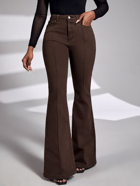 Chocolate Brown  Collar  Denim Plain Flare Leg Embellished Slight Stretch  Women Clothing Brown Jeans Outfit Women, Brown Jeans Outfit, Brown Flares, Brown Jeans, Flare Leg Jeans, Petite Women, Women Denim Jeans, Denim Flares, Jeans Flare