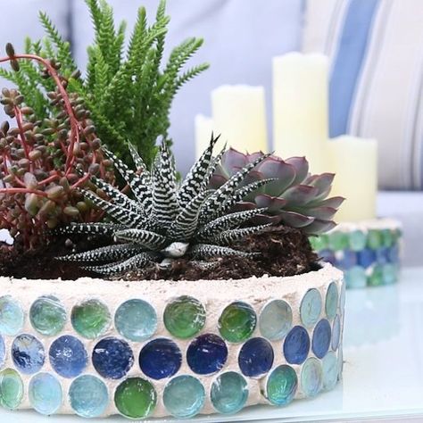 DIY Mosaic Cookie Tin Planters! Learn how to craft these pretty mosaic cookie tin planters from your leftover Christmas tins! These make beautiful summer planters for your porch or patio! #diy #planters #garden #containergardening #upcycled #repurposed #outdoors #outdoordecor #patio #mosaic #crafts #summer #springcrafts #spring Upcycle Trash, Popcorn Tins, Old Tins, Mosaic Planters, Christmas Popcorn, Backyard Creations, Popcorn Tin, Tin Planters, Summer Planter