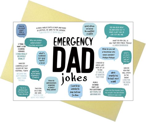 Dont forget to get the man in your life a father's Day card! Emergency Dad jokes are here to save the day! #FathersDayCard #GraduationCard #ThankYouCard #Stationary Card For Father, Cards For Dad, Funny Joker, Birthday Card For Dad, Gold Envelope, Father's Day Greetings, Funny Fathers Day Card, Dad Jokes Funny, Message Cards