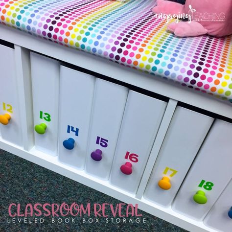 Love this Leveled Book Boxes / classroom seating! Awesome, inexpensive and effective classroom set up ideas! Book Boxes Classroom, Classroom Set Up Ideas, Ikea Classroom, Classroom Shelves, Flexible Seating Classroom, Set Up Ideas, Classroom Style, Diy Seating, Classroom Hacks