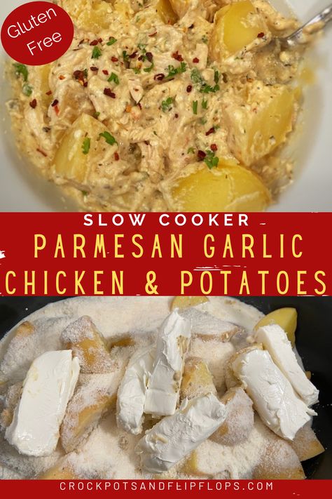 This easy dinner recipe is a one pot dinner with a creamy parmesan garlic sauce! Use Buffalo WIld Wings sauce and a few ingredients to make a gluten free dinner with chicken and potatoes! Garlic Chicken Potatoes, Garlic Chicken And Potatoes, Instant Pot Garlic Parmesan Chicken, Crockpot Chicken And Potatoes, Parmesan Garlic Chicken, Crock Pot Potatoes, Chicken Wing Sauces, Easy Crockpot Dinners, Chicken And Potatoes