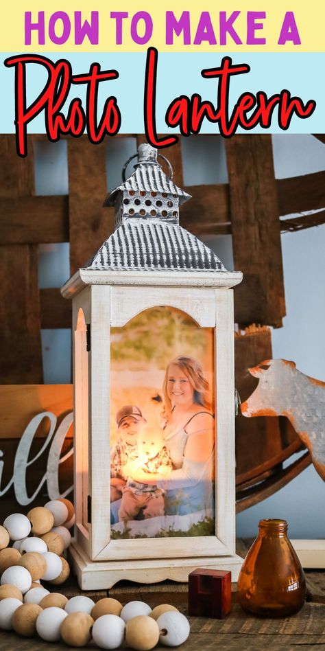 Lantern Memorial Ideas, Memory Lantern Diy, Lantern Ideas Diy, Memorial Lanterns Diy, Lantern Craft Ideas, Christmas Latern, Lantern Pictures, Photos Luminaries, Photo Lantern