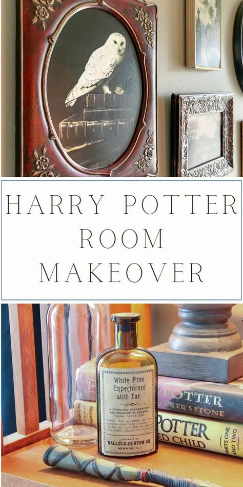 Transform your space into a magical Harry Potter themed decor with these enchanting DIY ideas! Dive into the Wizarding World with this Harry Potter room makeover that brings Hogwarts to life. From Harry Potter wall art to whimsical touches, create a Hogwarts inspired room that feels truly enchanted. Explore Harry Potter ideas for the little wizards and get inspired by Wizarding World room ideas. Make your dream of a Magical Harry Potter nook a reality with these creative tips and tricks! Harry Potter Sitting Room, Hogwarts Gallery Wall, Wizard Themed Bedroom, Harry Potter Laundry Room Ideas, Harry Potter Themed Bedroom Ideas, Harry Potter Inspired Office, Harry Potter Terrarium Diy, Harry Potter Inspired Bathroom, Harry Potter Themed Classroom Ideas