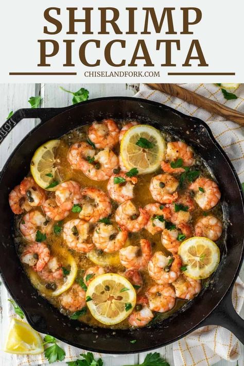 Tossed in a simple but delicious bright and acidic lemon sauce with capers, this shrimp piccata recipe is the perfect quick and easy weeknight meal. #shrimppiccata #piccata #shrimp | chiselandfork.com Shrimp Piccata, Crock Pot Shrimp, Lemon Shrimp Pasta, Shrimp Pasta Recipes Easy, Piccata Recipe, Asian Recipe, Salmon And Shrimp, Shrimp Scampi Recipe, Shrimp Recipes For Dinner