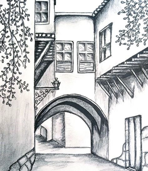 Boho Pencil Drawings, Building Landscape Drawing, Landscape Drawings Pencil Easy, Colorable Drawings, Drawing Buildings Sketch Easy, Building Sketch Simple Architectural Drawings, Easy Building Drawings, Easy Architecture Drawing, Pencil Art Drawings Landscape