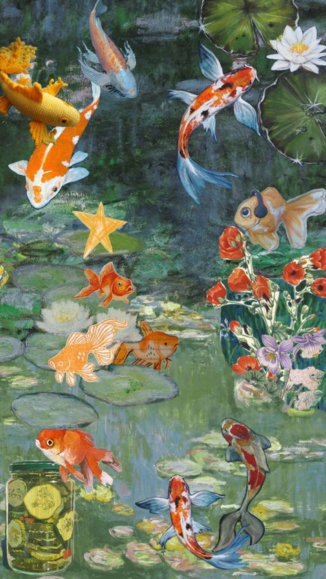 Vintage Summer Wallpaper Iphone, Fish Art Wallpaper, Cute Fish Wallpaper, Koi Fish Wallpaper Aesthetic, Fish Wallpaper Aesthetic, Pisces Fish Wallpaper, Fish Lockscreen, Cute Koi Fish Wallpaper, Koi Fish Wallpaper Iphone Aesthetic