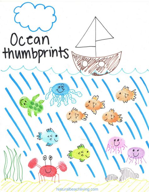 Thumbprint Ocean Animals, make Fingerprint Art Animals with your kids with a free printable tutorial to make it easy for you.  Easy to follow step by step directions. Add these Ocean Animal crafts to any ocean theme, These thumbprint animal pictures are adorable. fingerprint animals pictures, how to make fingerprint animals #ocean #oceanart #oceananimals #artforkids #oceantheme #preschool #kindergarten #thumbprintanimals #fingerprintanimals Ocean Theme Preschool Crafts, Ocean Crafts For Preschool, Fingerprint Animals, Theme Preschool Lesson Plans, Gifts Made By Kids, Ocean Activities For Kids, Preschool Ocean Theme, Breaker Rock Beach Vbs, Thumbprint Crafts