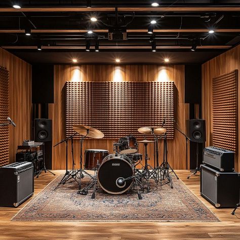 Design a professional music studio using rubber as the foundation for acoustic excellence. This studio features wooden acoustic panels mounted on rubber walls for optimal sound quality, creating a warm and functional space. Ideal for musicians and producers, the plaster base provides a smooth, durable surface that supports the structure while enhancing the studio’s modern and stylish aesthetic, perfect for high-performance recording environments. Home Office Recording Studio, Home Music Recording Studio, Soundproof Music Room, Recording Studio Bedroom, Music Room Ideas Home Studio, Music Studio Interior, Small Music Studio Ideas, Music Room Aesthetic, Music Studio Room Design