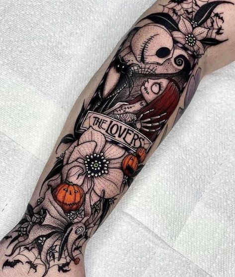 Back Piece Ideas Tattoo, Jack And Sally Lovers Tattoo, Gothic Mom Tattoo, The Lovers Jack And Sally Tattoo, Sally Nightmare Before Christmas Tattoo Ideas, Jack Skellington Tattoos, Halloween Half Sleeve Tattoo, Disney Sleeve Tattoo For Women, Disney Half Sleeve Tattoo