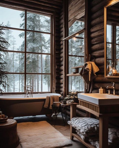 Cabin Mountain Interior, Cabin Bathroom Aesthetic, Cabin House Bathroom, Pnw Home Aesthetic, Cozy Cabin Bathroom, Luxury Winter Cabin, European Cabin, Cozy Cottage Bathroom, Mountain Cabin Aesthetic