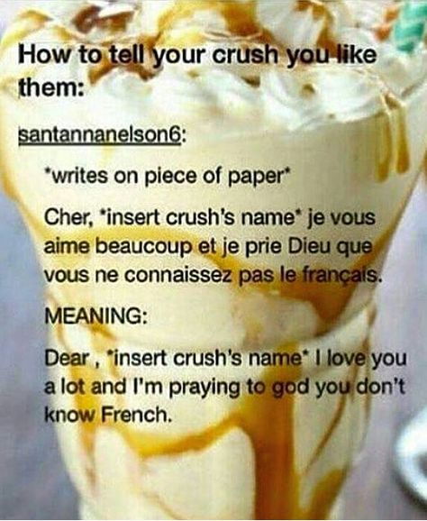 cher, je vous aime beaucoup et je prie dieu que vous ne connaissez pas le francais Funny Crush Memes, Jokes To Tell, Crush Humor, Funny Texts Crush, Love You A Lot, Funny Jokes To Tell, Crush Memes, Best Funny Jokes, Your Crush