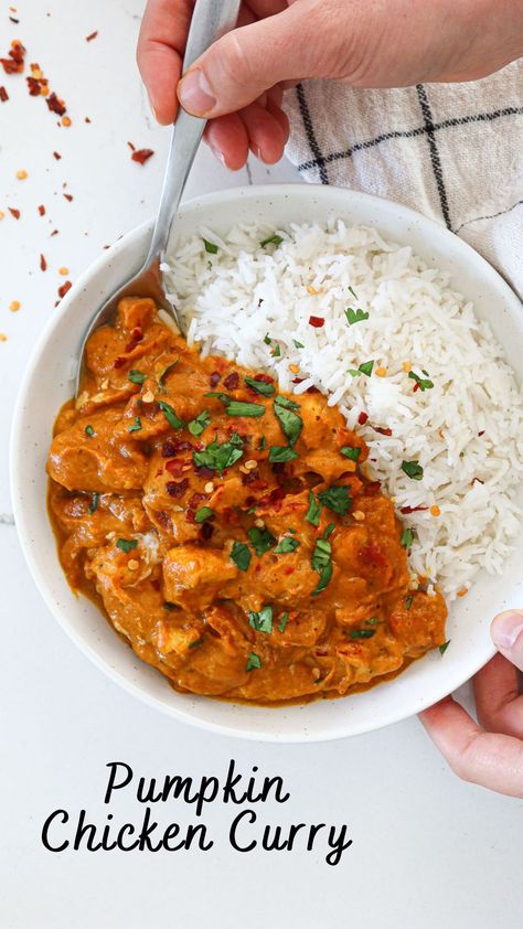 Craving Indian food? Savory, Thai pumpkin chicken curry is one of my favorite fall time meals. This healthy, hearty dish is full of warm spices and creamy coconut milk - the ultimate comfort food! It's ready in 30-40 minutes and uses only one pan, which makes it perfect for a busy weeknight. Plus, leftovers reheat really well and are perfect for lunch the next day! Best of all, this recipe is gluten free & dairy free. Healthy Pumpkin Curry, Pumpkin Coconut Chicken Curry, Fall One Pan Recipes, Pumpkin Chicken Curry Recipe, Easy Pumpkin Curry, Pumpkin Butter Chicken, Fall Soup Gluten Free, Healthy Fall Crockpot Meals, Pumpkin Curry Chicken