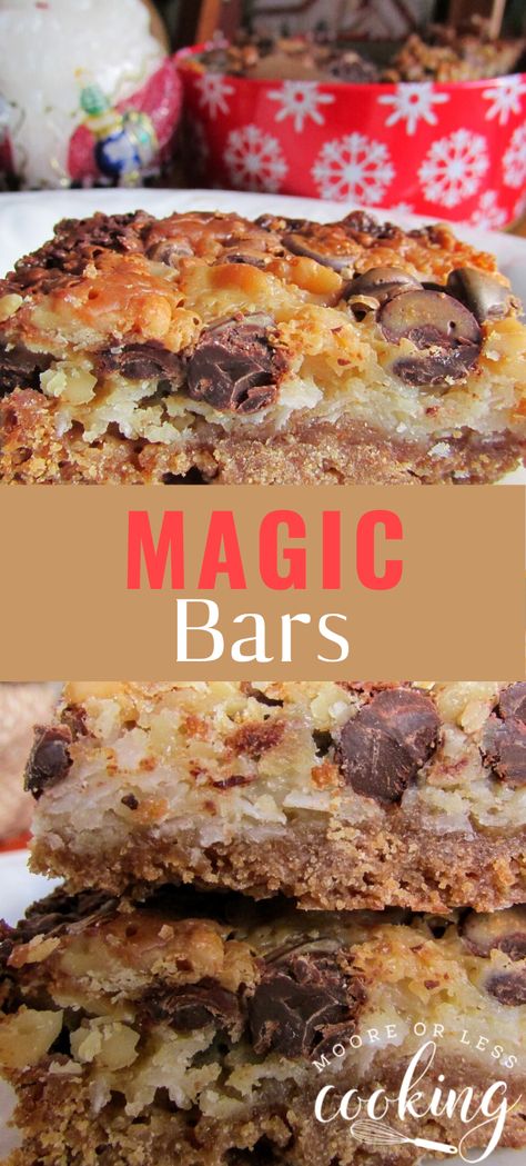 MAGIC BARS & Video - Moore or Less Cooking Crockpot Magic Bars, Healthy Magic Cookie Bars, M&m Magic Bars, Magic Cookie Bars No Coconut, S’mores Magic Cookie Bars, Magic Bars Recipe, Magic Bars, Decadent Chocolate Desserts, Caramel Bars