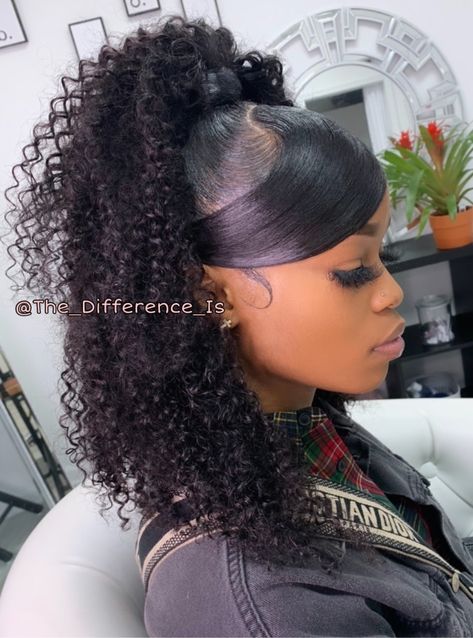 Half Up Half Down With Swoop Curly Hair, Curly Ponytail With Swoop, Half Up Half Down With Swoop, Vixen Crochet Braids, Vixen Crochet, Swoop Ponytail, Natural Hair Ponytail, High Ponytail Hairstyles, Weave Ponytail Hairstyles