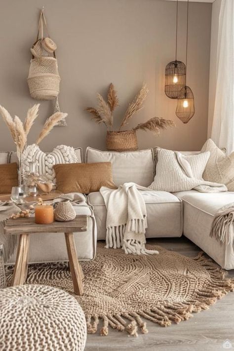 Boho Comfy Living Room, Living Room Beige Sofa, Beachy Boho Living Room, Studio Sofa, Beige Living Rooms, Styl Boho, Boho Interior, Decor Home Living Room, Boho Living Room