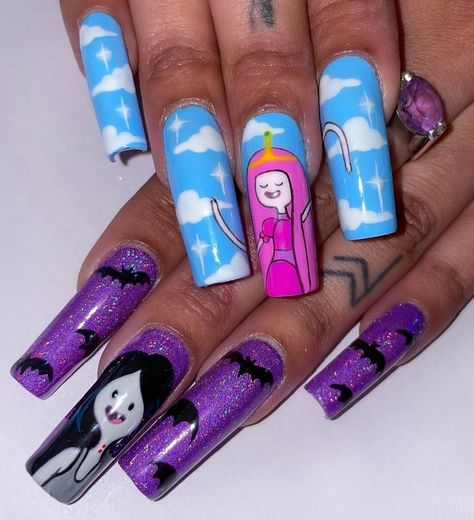 Cartoon Network Nail Art, Easy Character Nails, Regular Show Nails, Short Character Nails, Bmo Nails, Cartoon Network Nails, Adventure Time Nail Art, Mabel Nails, Character Art Nails