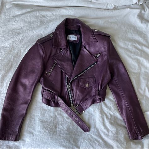 Leather Jacket With Shoulder Pads And Zip Details Along The Chest And Sleeves. New Without Tags Dark Purple Leather Jacket, Purple Rockstar Outfit, Leather Jacket Fitted, Purple Cropped Jacket, Motorcycle Jacket Aesthetic, Purple Leather Jacket Outfit, Purple Leather Outfit, Deep Purple Clothes, Cute Leather Jacket