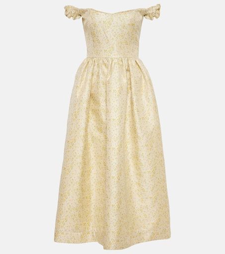 Off-shoulder embroidered midi dress in yellow - Markarian | Mytheresa Mcqueen Dress, Gabbana Dress, Embellished Midi Dress, Designer Maxi Dress, Designer Midi Dresses, Yellow Daisy, Yellow Midi Dress, Embroidered Midi Dress, Fantasy Gowns