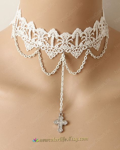 LOLITA white lace cross necklace choker fashion by NewColorLife, $13.99 White Lace Choker, Crochet Choker, Elegant Choker, White Choker, Lace Choker Necklace, Cross Choker, Queen Jewelry, Cheap Necklaces, Lace Choker