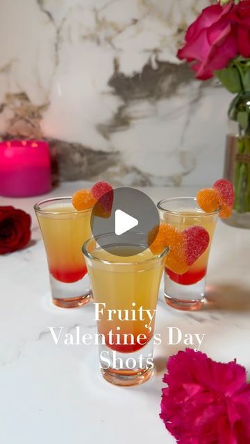 Cocktails | Drinks on Instagram: "💛Fruity Valentine’s Day Shots💛 If you’re in love too, tag your bae or leave a heart in the comments 🥰 Sweetness ☑️☑️◻️◻️ Bitterness ◻️◻️◻️◻️ Sourness ☑️◻️◻️◻️ Strength ☑️☑️☑️◻️ Method 1/2 peach - muddle 3 oz vodka 1 oz watermelon juice 1/4 oz lime juice Add ice and shake Double strain 1 teaspoon grenadine syrup Heart-shaped gummies #valentinesdaycocktail #valentinesday #easycocktails #easyrecipes #vodka #lovecocktails #superbowl #superbowl2024 #footballsunday" Grenadine Syrup, Football Sunday, Watermelon Juice, Easy Cocktails, Cocktail Drinks, Lime Juice, A Heart, Syrup, Vodka