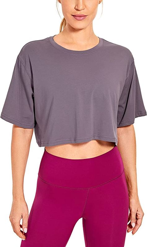 CRZ YOGA Women's Pima Cotton Workout Crop Tops Short Sleeve Yoga Shirts Casual Athletic Running T-Shirts Graphite Green Large at Amazon Women’s Clothing store Athletic Crop Top, Crz Yoga, Japan Outfit, Tops Short Sleeve, Baggy Style, Workout Crop Top, Yoga Tank Tops, Athletic Running, Casual Athletic