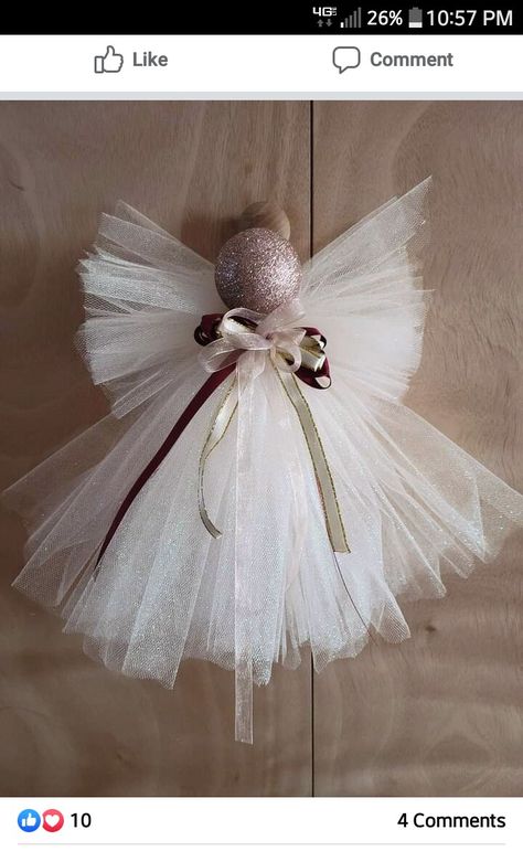 Angels To Make Ideas, Tulle Angel Ornaments, Angels Diy Crafts, Crafts With Tulle, Angel Ornaments To Make, Ribbon Angels, Christmas Angels Diy, Diy Christmas Angel Ornaments, Christmas Angel Crafts