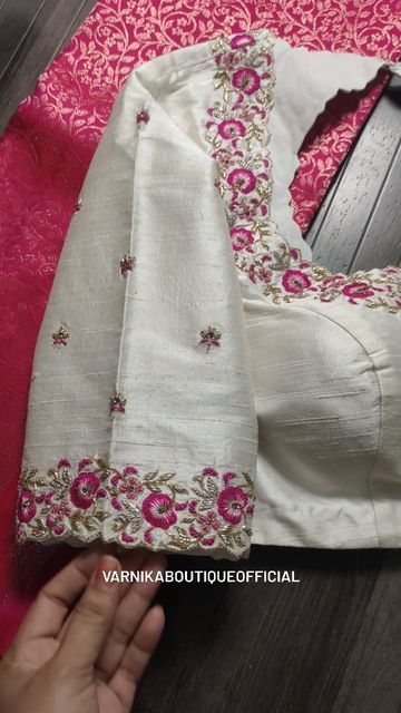 Neckline Work Designs, Resham Work Blouse Designs, Pink Combination Sarees, Cream Saree With Contrast Blouse, Reception Maggam Work Blouses, White And Pink Blouse Designs, Pink Saree With White Blouse, Thread Work For Blouse, Silver Work On Pink Blouse