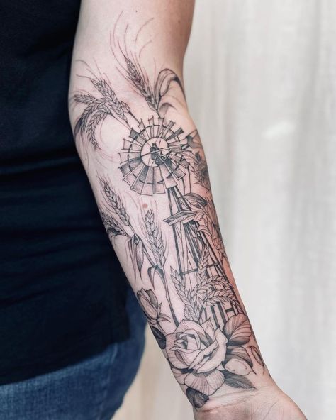 Fine Line Forearm Sleeve, Hunting Leg Sleeve Tattoo, Farm Life Tattoo Ideas, Windmill Tattoos For Women, Mens Skull Tattoo Ideas, Oklahoma Inspired Tattoos, Old Photo Tattoo, Farm Themed Tattoo, Mens Western Sleeve Tattoo Ideas