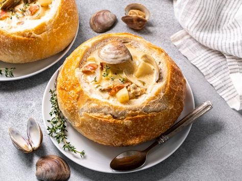 Clam Chowder Bread Bowls Clam Chowder Bread Bowl Recipe, Ivars Clam Chowder Recipe, Clam Chowder Bread Bowl, Sourdough Bread Bowls, Clam Chowder Recipe, Bread Bowl Recipe, Favorite Pasta Recipes, Chowder Recipe, Nice Recipes