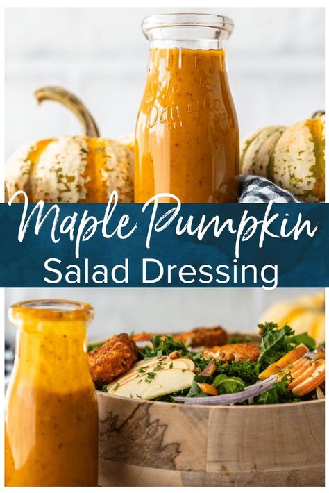 Maple Pumpkin Salad Dressing is the best autumn salad dressing recipe! Nothing says fall like pumpkin, and a bit of maple adds a rich flavor to it. This homemade salad dressing goes with all of your fall salad ideas, and it's the perfect kale salad dressing! Autumn Salad Dressing, Fall Salad Ideas, Kale Salad Dressing, Dressing Salad, Autumn Salad Recipes, Thanksgiving Salad, Pumpkin Salad, Fall Salad, Salad Dressing Recipe