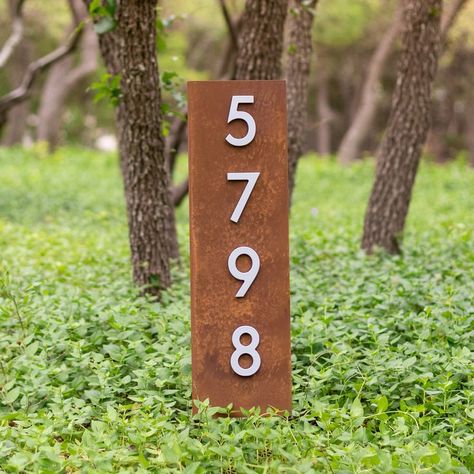 add a unique touch to your property entrance or flower bed with this gorgeous steel sign with a stunning rust patina finish. So easy to install - no holes required! Address Post, Address Signs, Georgetown Tx, Address Numbers, Lawn Sign, House Number Sign, Post Box, Address Plaque, Patina Finish