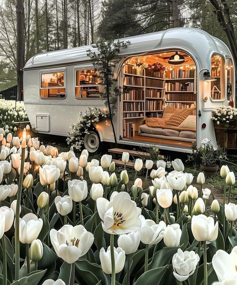 Tiny House Library, House Library, Mobile Library, Bookstore Cafe, Dream Library, Campervan Life, Fantasy Design, Design Books, White Tulips